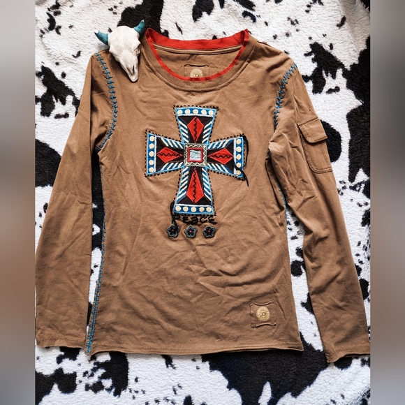 Double D Ranch Tops - "DOUBLE D RANCH " WOMEN'S CARGO STYLE LONG SLEEVE TOP- TAN